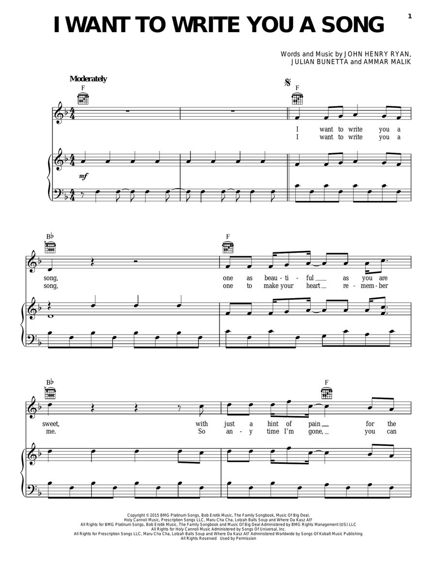 I Want To Write You A Song Piano, Vocal, Guitar scores gallery preview page 1