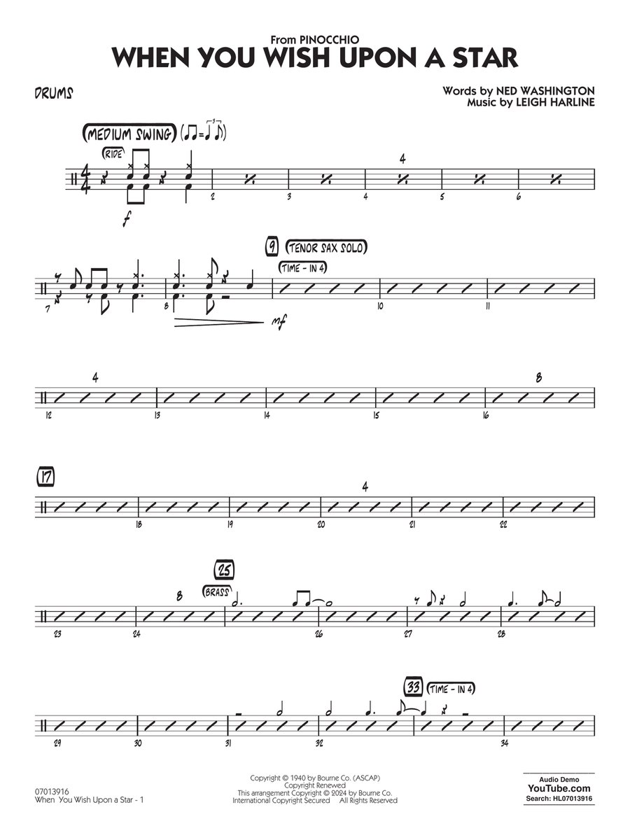 When You Wish Upon A Star (Key: C) (arr. Chuck Israels) - Drums