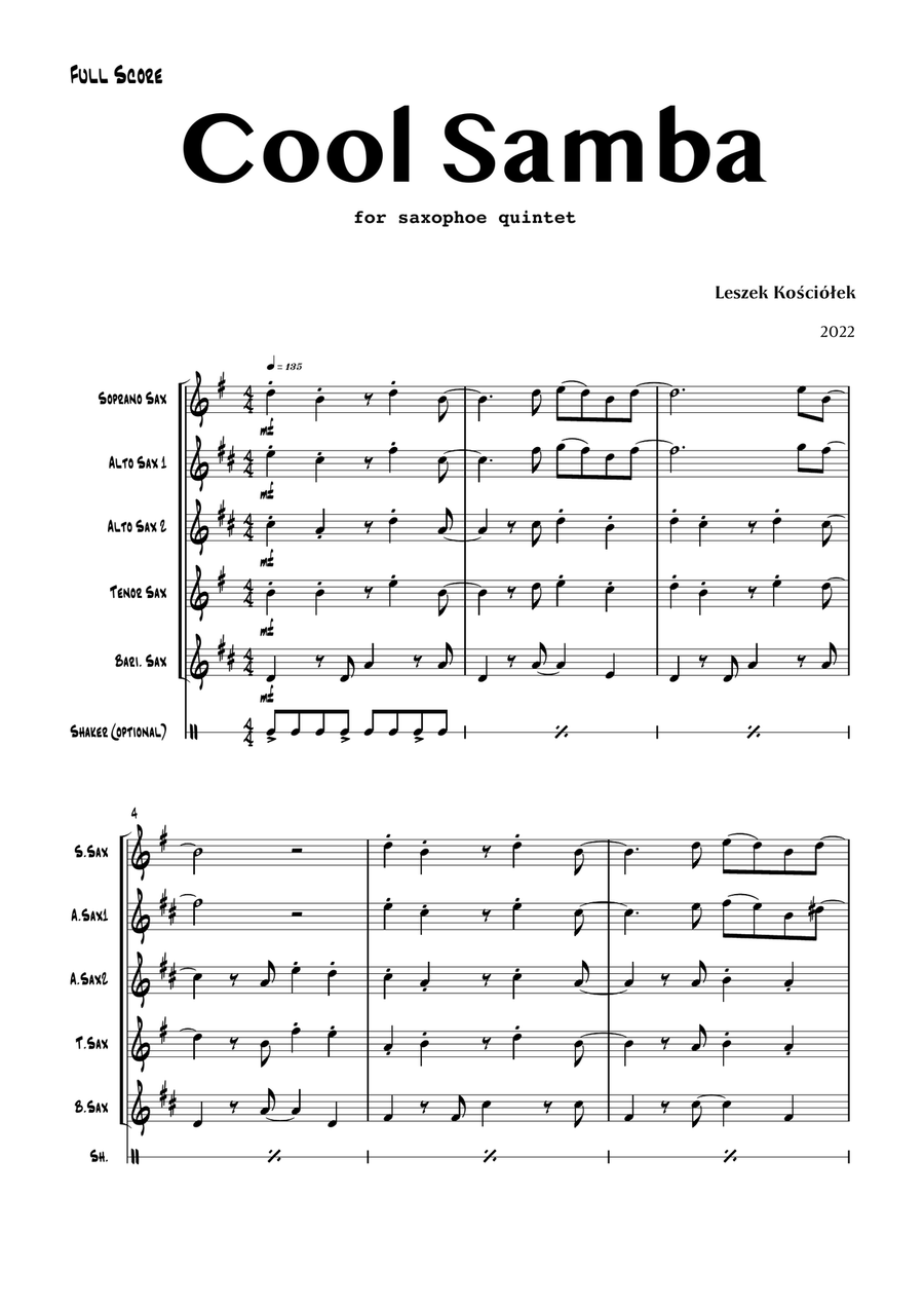 Cool Samba (saxophone quintet) Saxophone Quintet scores gallery preview page 4