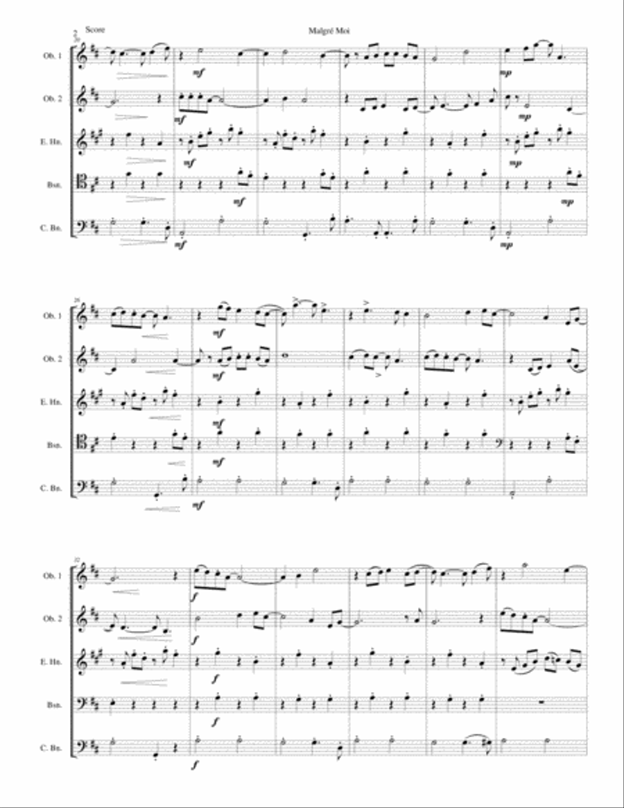 Malgré Moi for double-reed quintet (2 oboes, cor anglais, bassoon, contrabassoon) English Horn scores gallery preview page 2