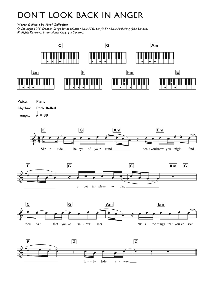 Don't Look Back In Anger Piano Solo scores gallery preview page 1