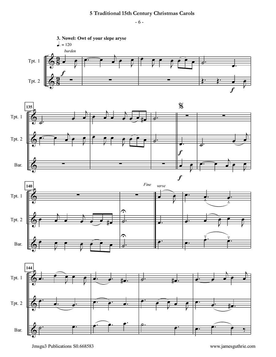 5 Traditional 15th Century Christmas Carols for Trumpet Duo & Baritone Horn Brass Duet scores gallery preview page 6
