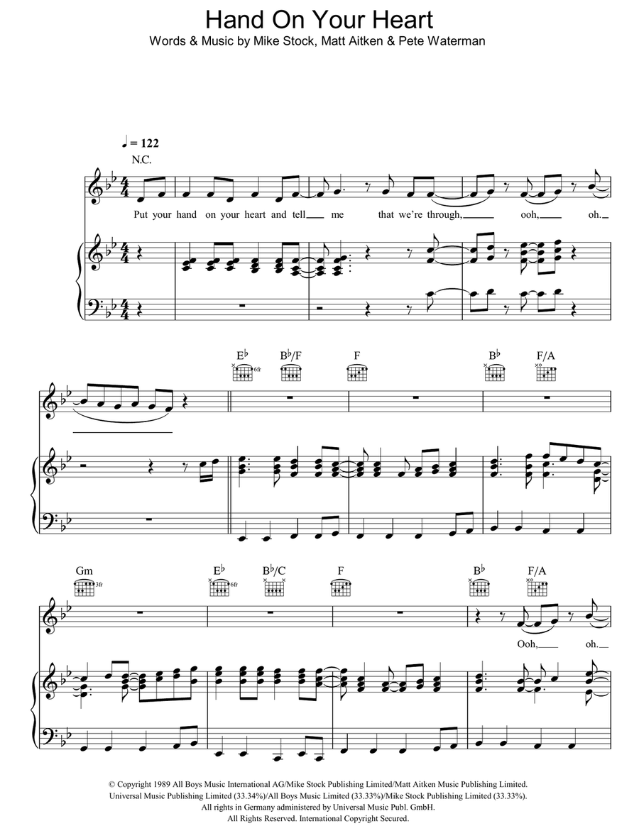 Hand On Your Heart Piano, Vocal, Guitar scores gallery preview page 1