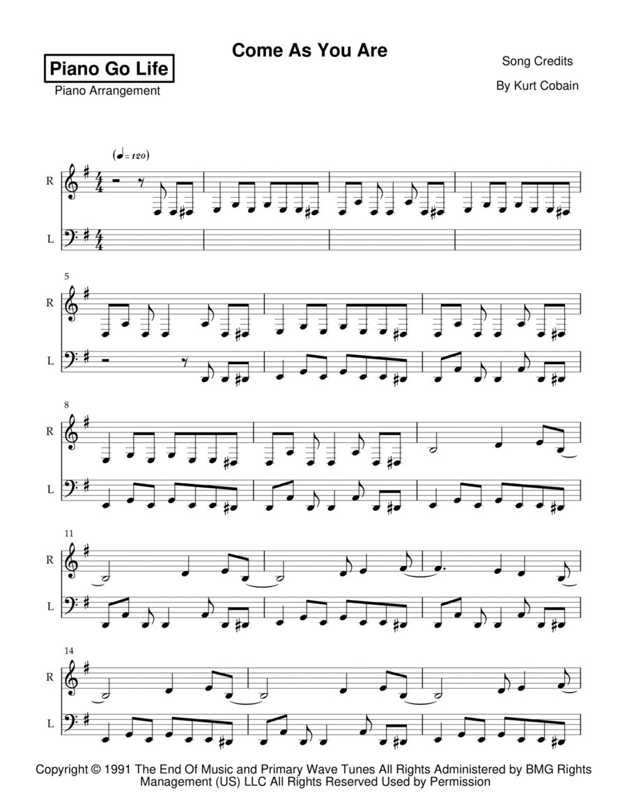 Come As You Are Piano Solo scores gallery preview page 1