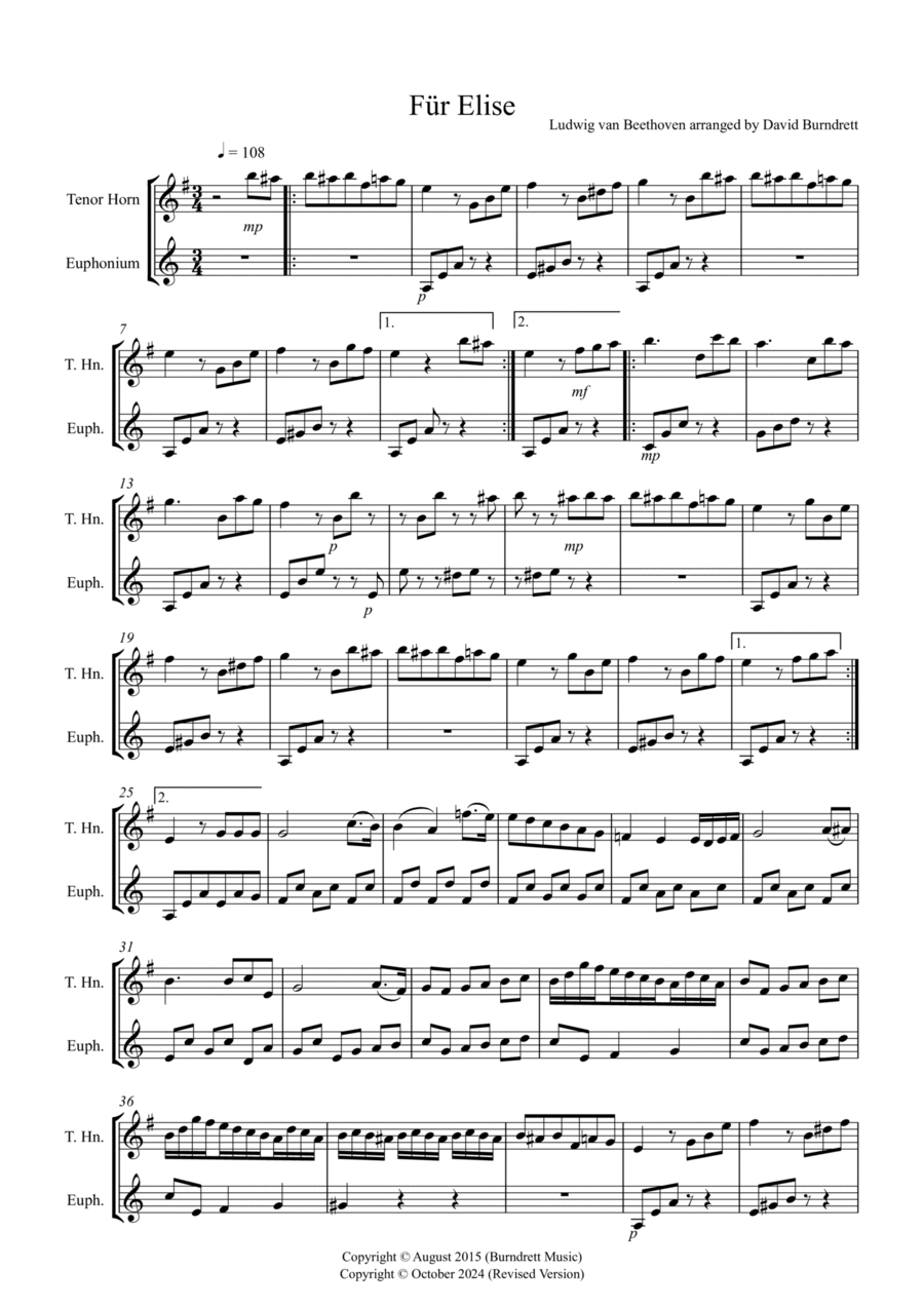 Fur Elise for Tenor Horn and Euphonium Duet Brass Duet scores gallery preview page 1