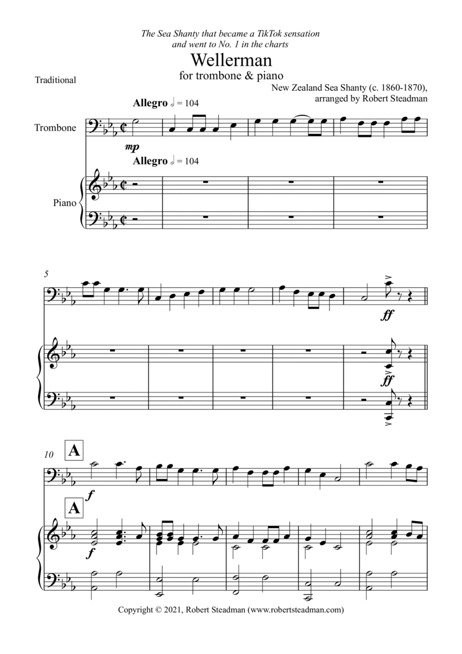 Wellerman (Trombone & Piano) - treble and bass clef trombone parts included Piano scores gallery preview page 1