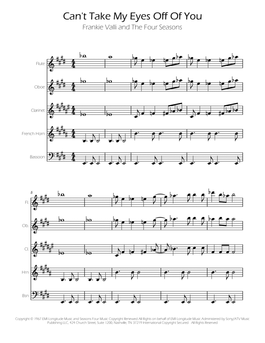 Can't Take My Eyes Off Of You Woodwind Quintet scores gallery preview page 1