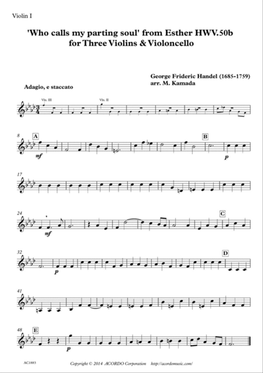 'Who calls my parting soul' for three Violons & Violoncello from Esther HWV.50b String Duet scores gallery preview page 3