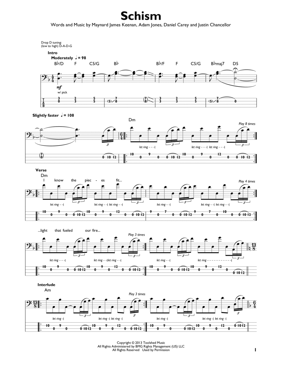 Schism Bass Guitar scores gallery preview page 1