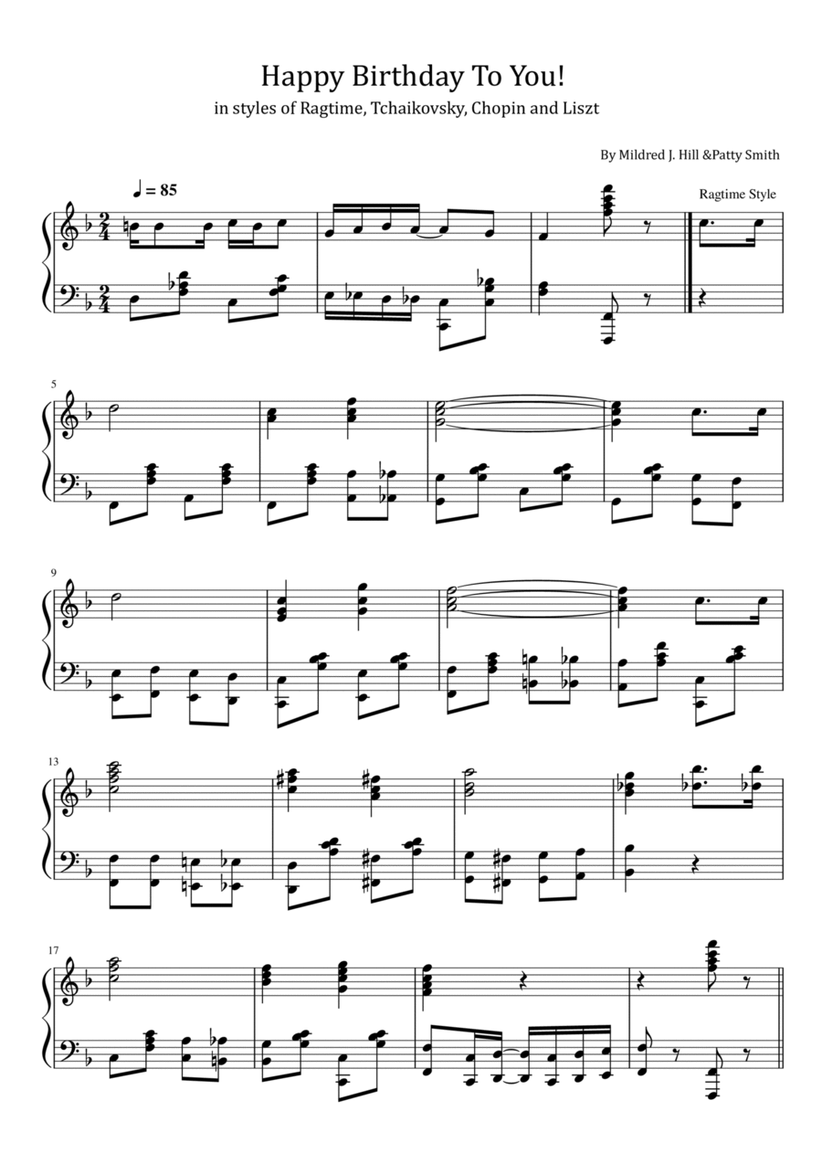 Happy Birthday To You - in styles of Ragtime, Tchaikovsky, Chopin and Liszt - For Piano Solo Piano Solo scores gallery preview page 1