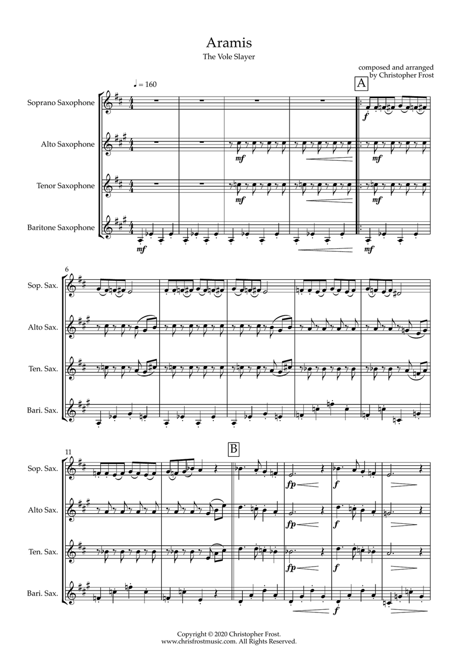 Aramis - The Vole Slayer from The Cat Suite (saxophone quartet - SATB) Saxophone Quartet scores gallery preview page 1