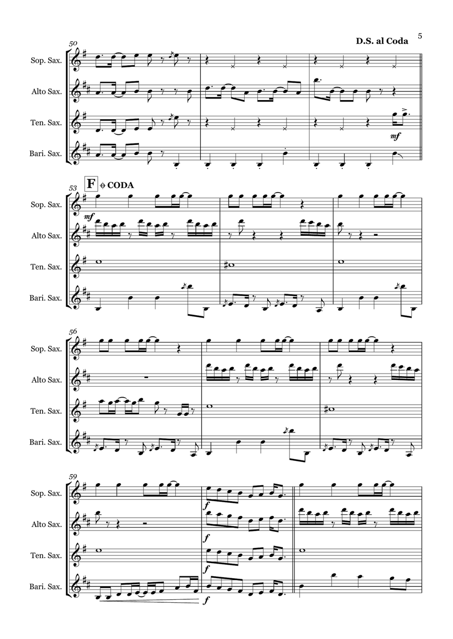 Uptown Funk Saxophone Quartet scores gallery preview page 5
