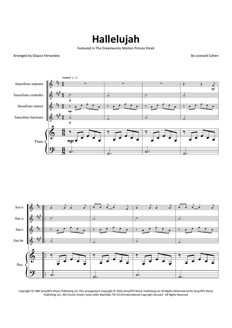Hallelujah Saxophone Quartet scores gallery preview page 1