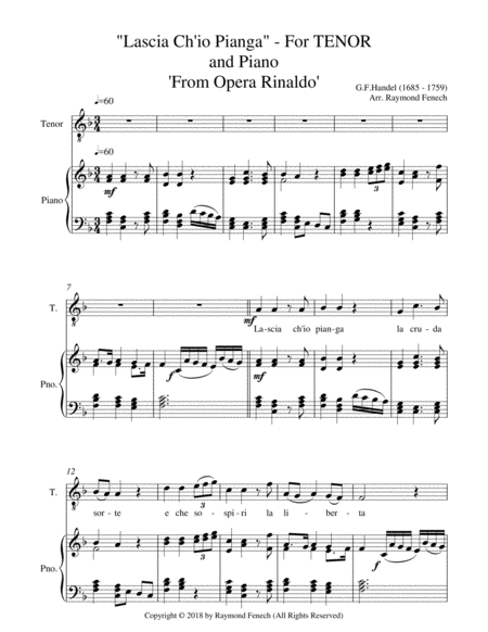 Lascia Ch'io Pianga - From Opera 'Rinaldo' - G.F. Handel ( Tenor Voice and Piano) image number null