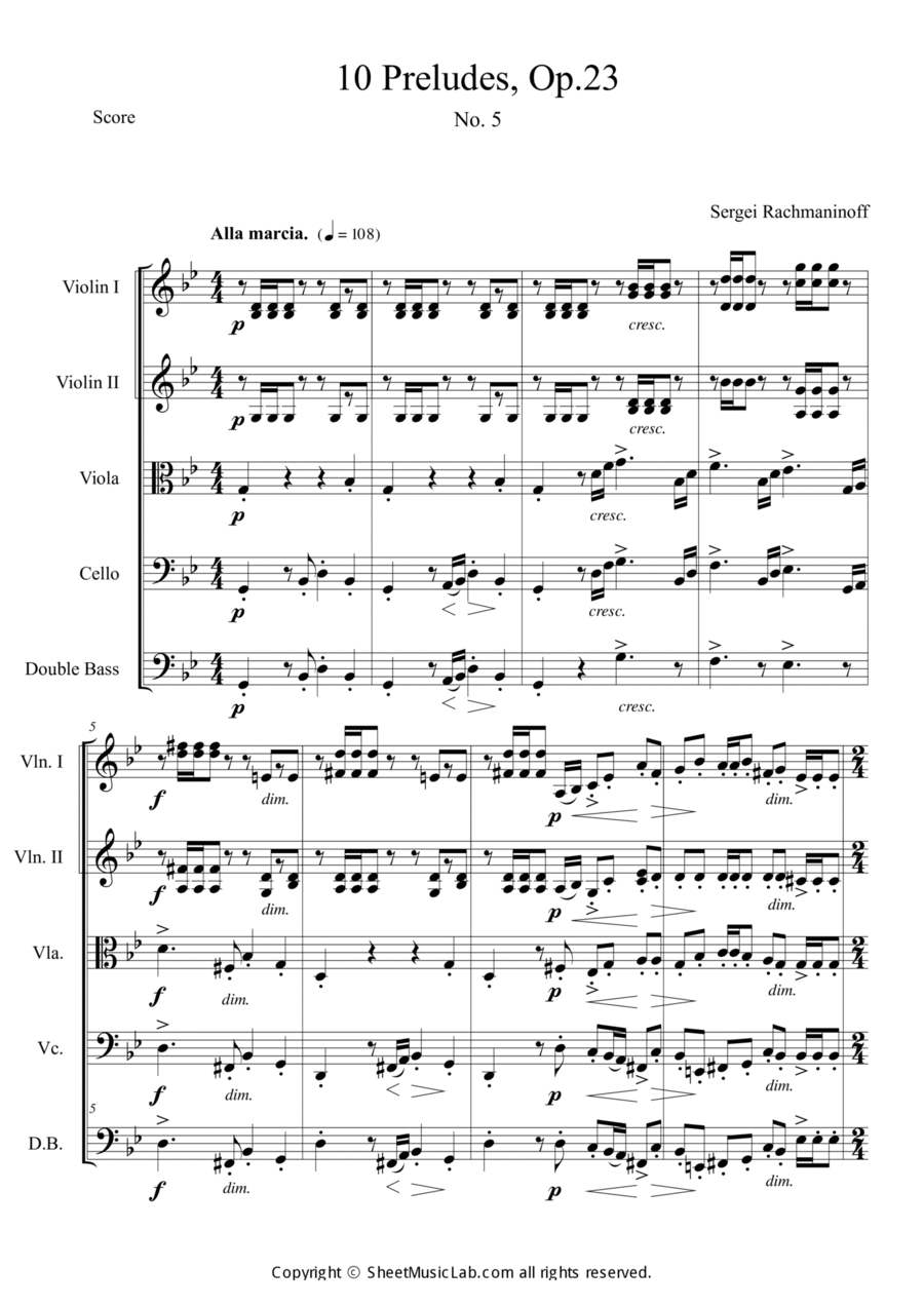 10 Preludes, Op.23 No. 5 String Quintet scores gallery preview page 1