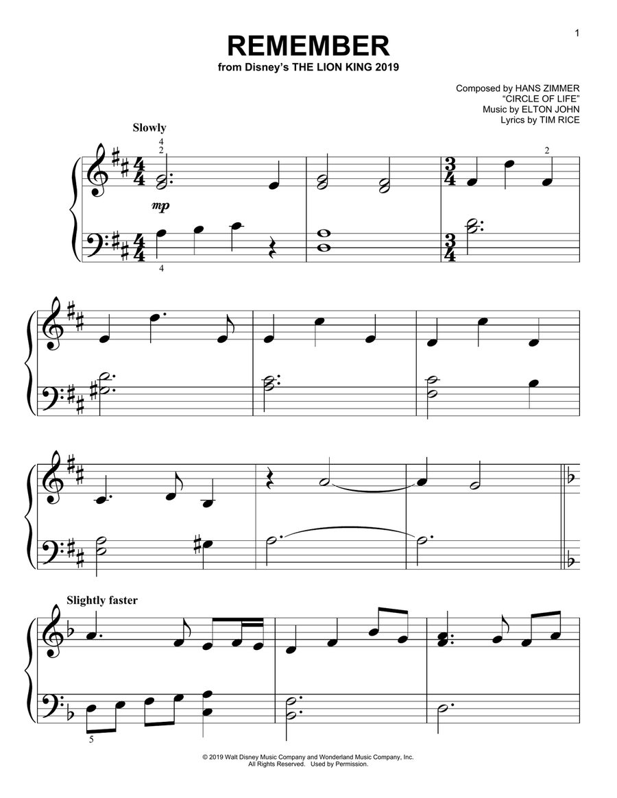 Remember (from The Lion King 2019) Easy Piano scores gallery preview page 1