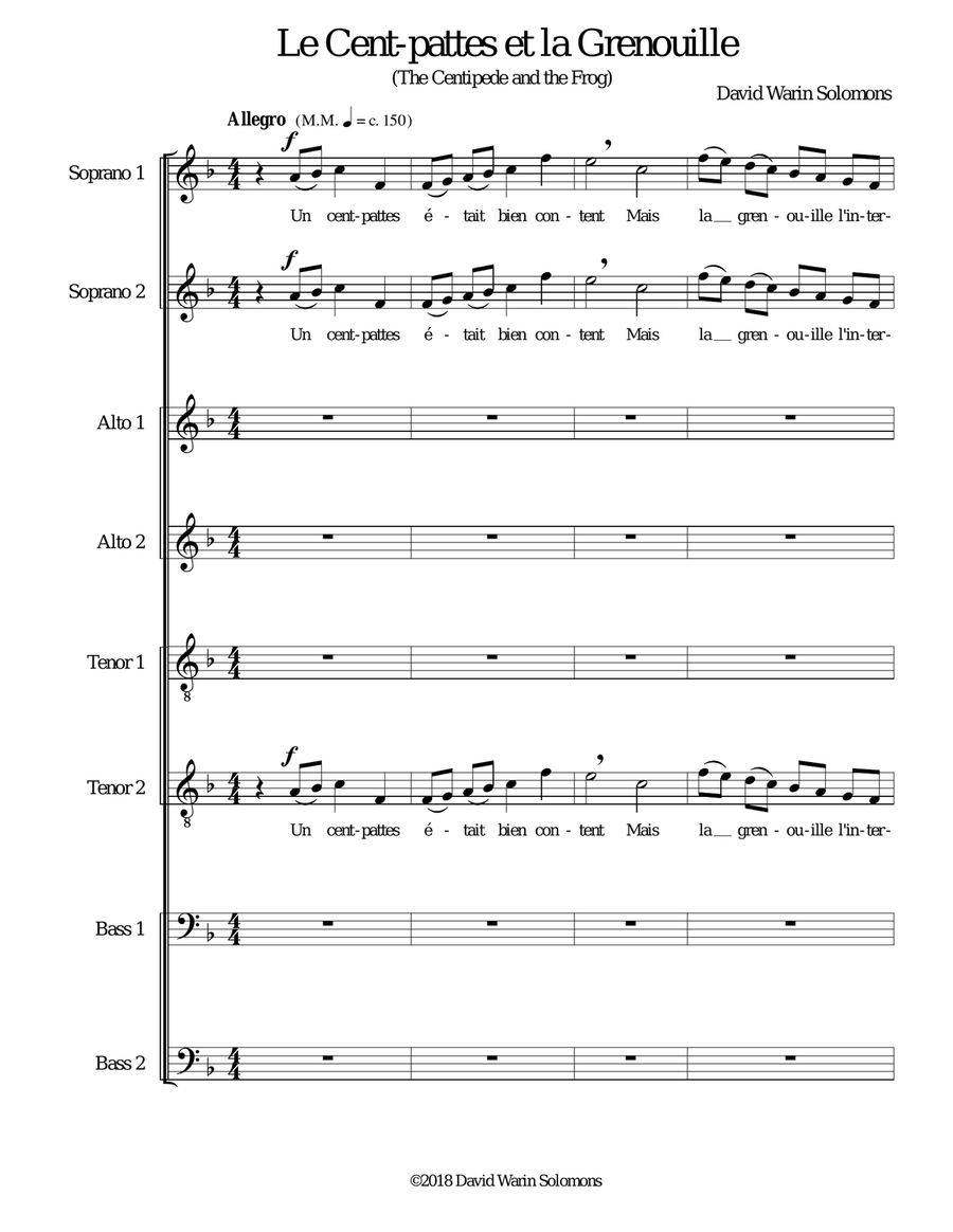 Le cent-pattes et la grenouille (The Centipede and the Frog in French) for 8 part choir 4-Part scores gallery preview page 1