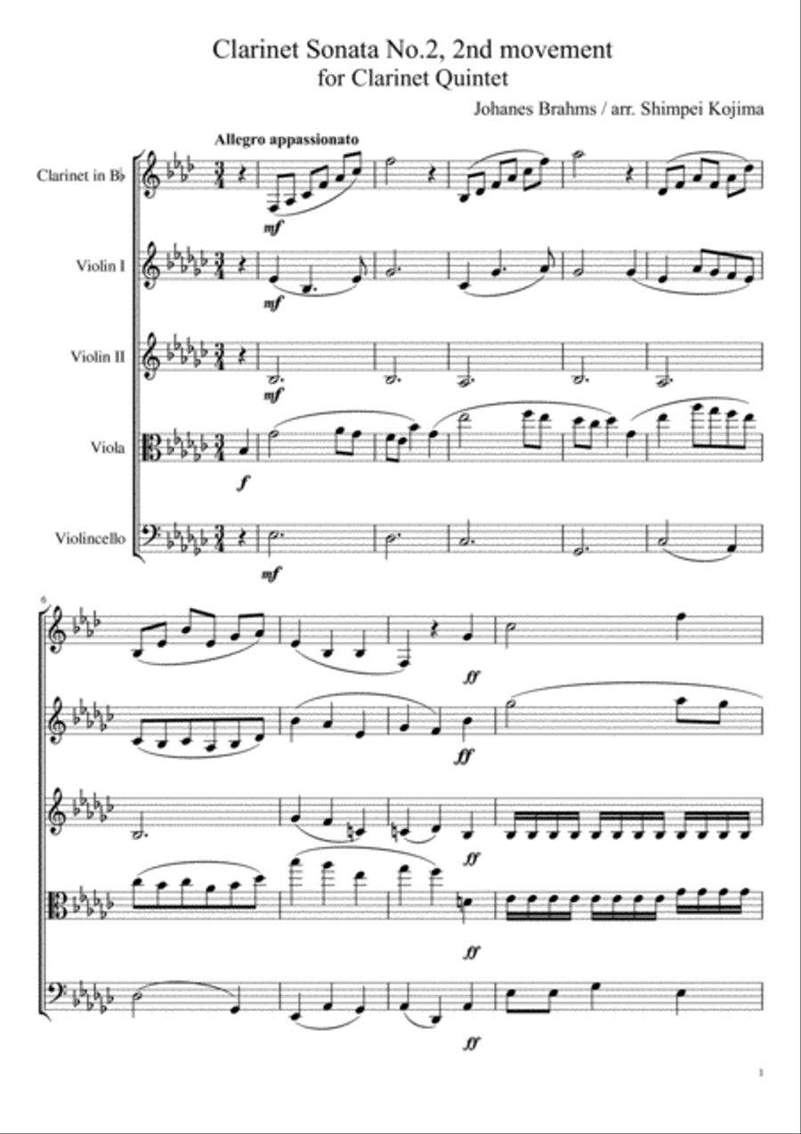 Brahms : Clarinet Sonata No.2, 2nd Movement (for Clarinet Quintet) Clarinet Quintet scores gallery preview page 1