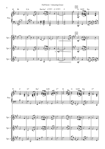 Amazing Grace (John Newton, E. O. Excell) for Trumpet Trio and Piano Accompaniment with Chords image number null