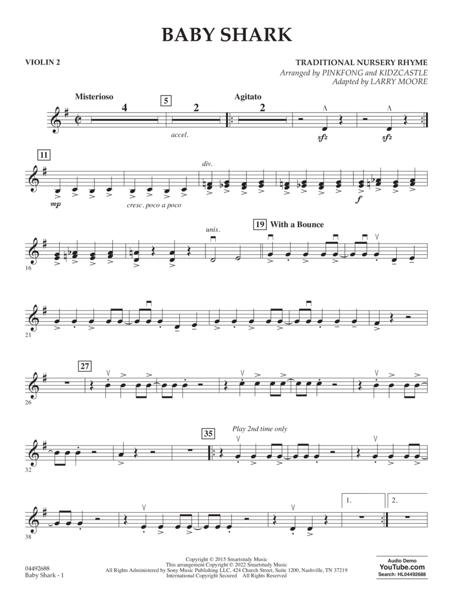 Baby Shark (arr. Larry Moore) - Violin 2 Orchestra scores gallery preview page 1