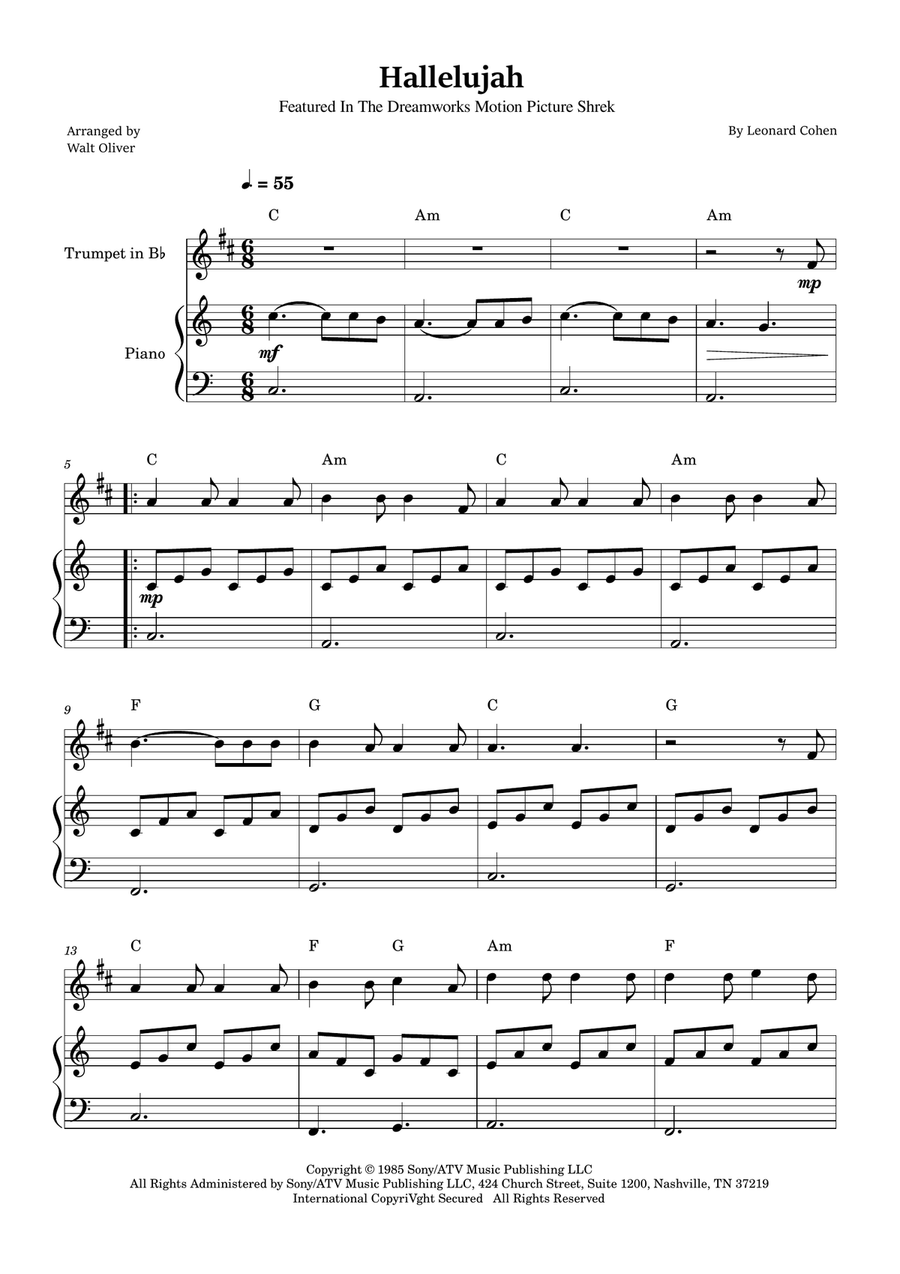 Hallelujah B-Flat Trumpet scores gallery preview page 1
