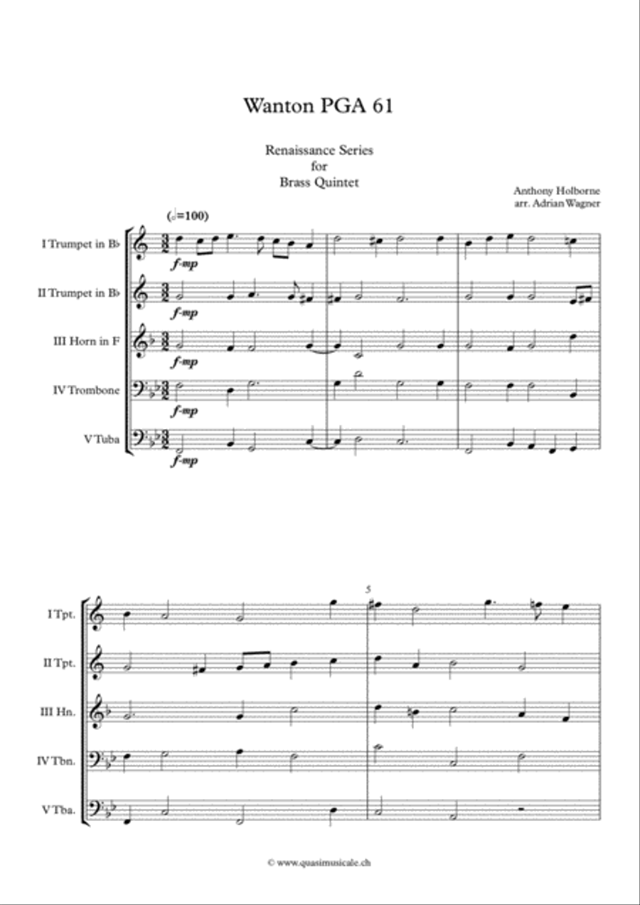 Wanton PGA 61 (Anthony Holborne) Brass Quintet arr. Adrian Wagner Brass Quintet scores gallery preview page 2
