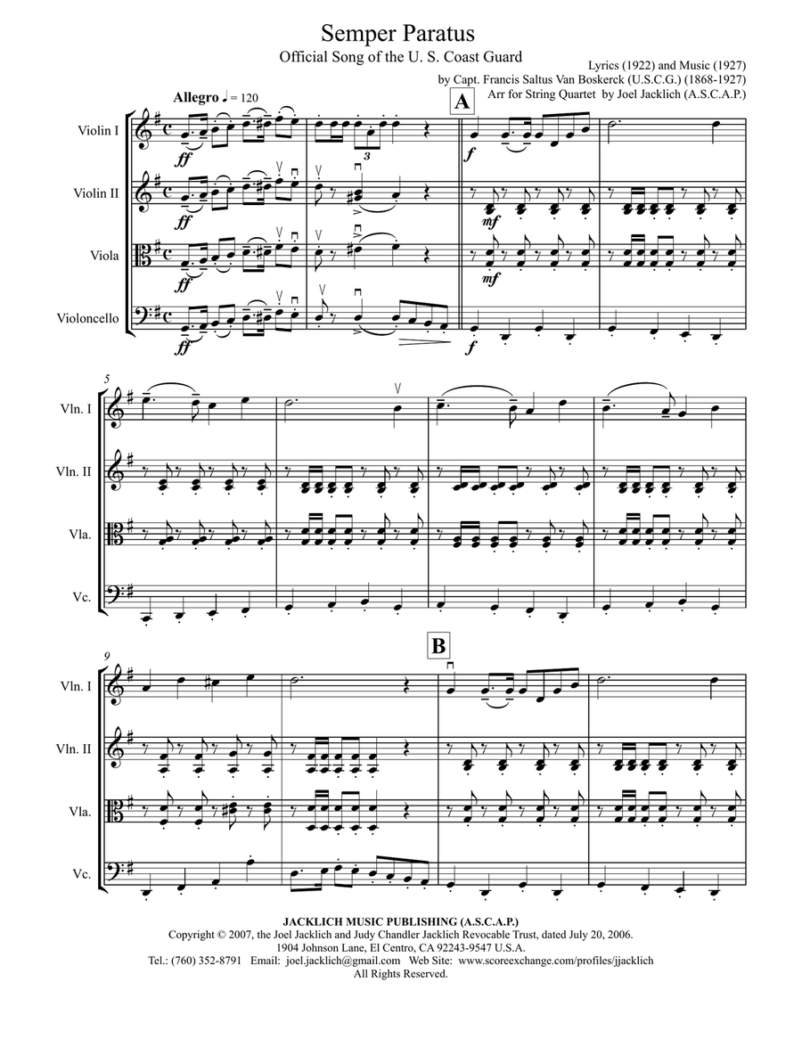 Semper Paratus (Official Song of the U. S. Coast Guard) for String Quartet String Quartet scores gallery preview page 2