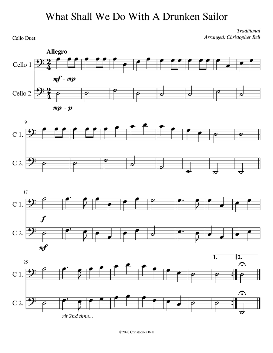 Drunken Sailor - Easy Cello Duet String Duet scores gallery preview page 1