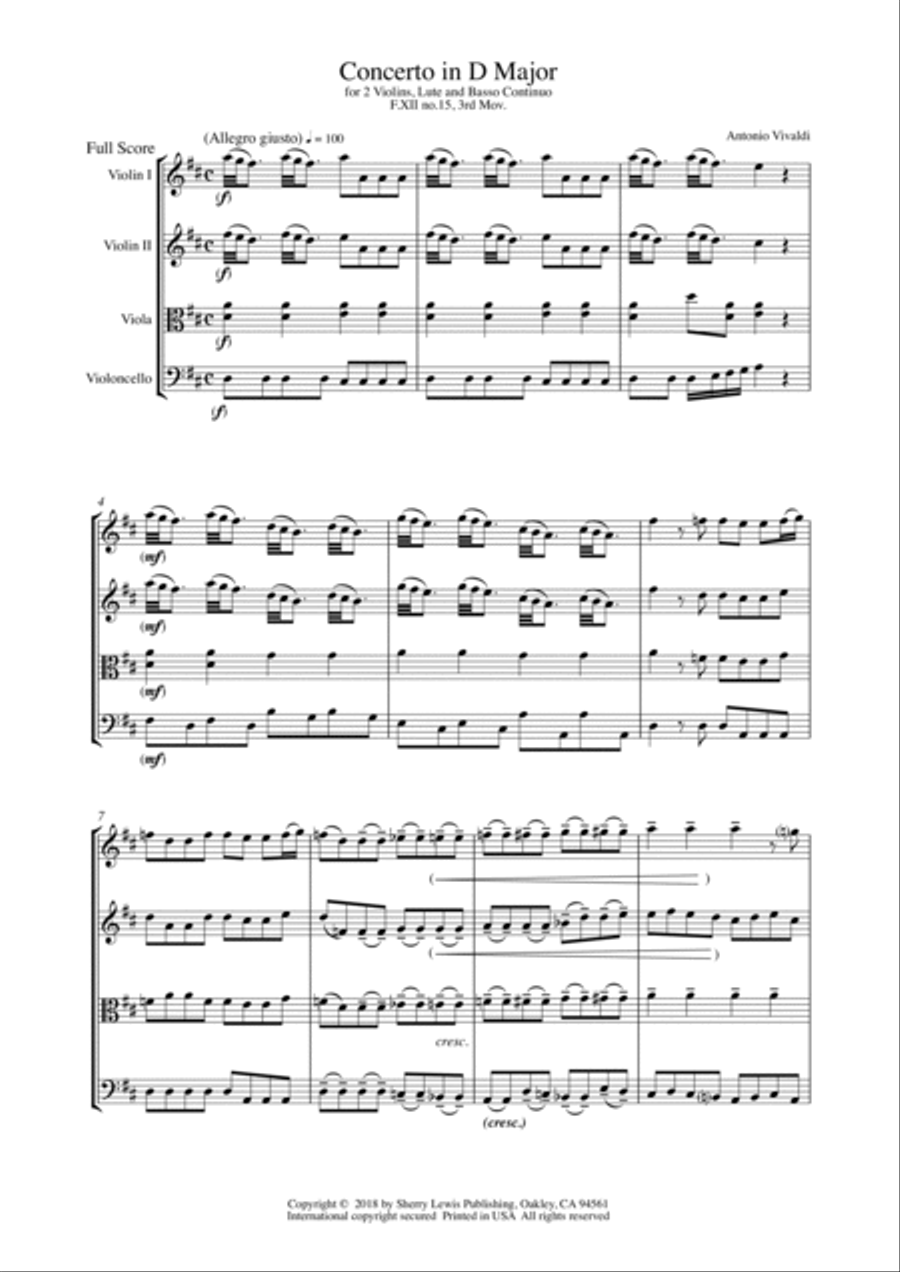 CONCERTO IN D MAJOR FOR 2 VIOLINS, LUTE AND BASSO CONTINUO, F.XII NO.15, 3rd Mov. STRING QUARTET String Quartet scores gallery preview page 4