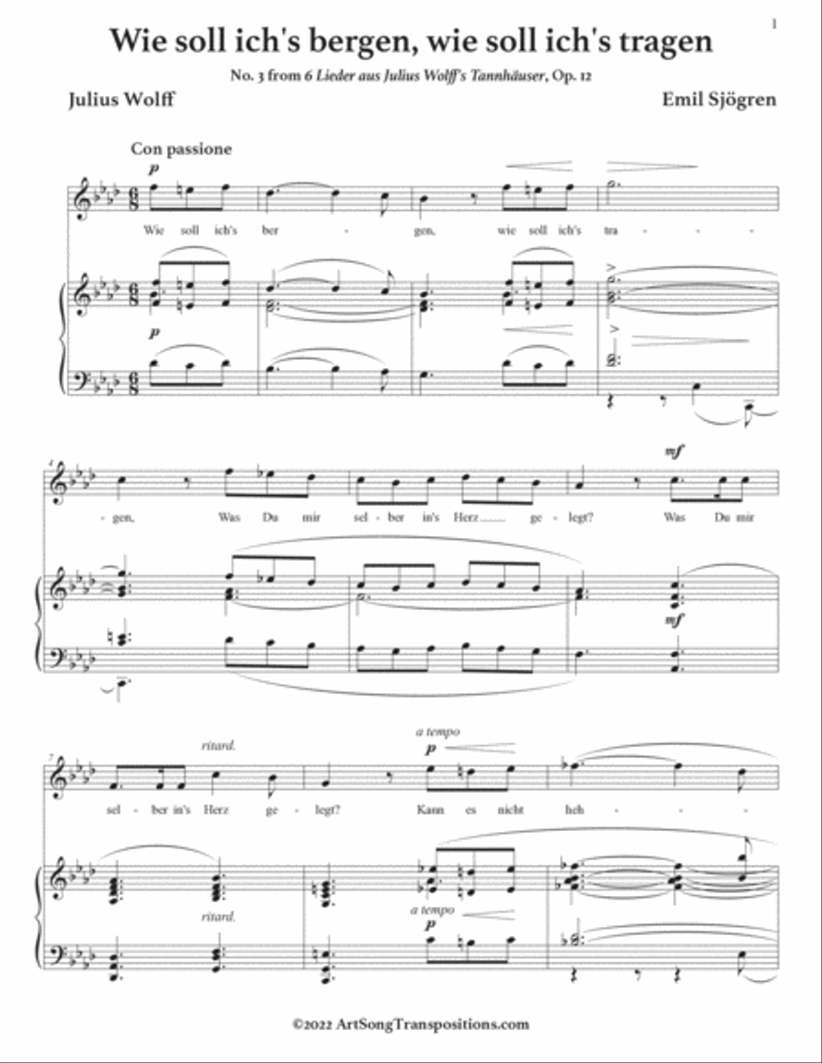 SJÖGREN: Wie soll ich's bergen, wie soll ich's tragen, Op. 12 no. 3 (transposed to A-flat major) Voice scores gallery preview page 2