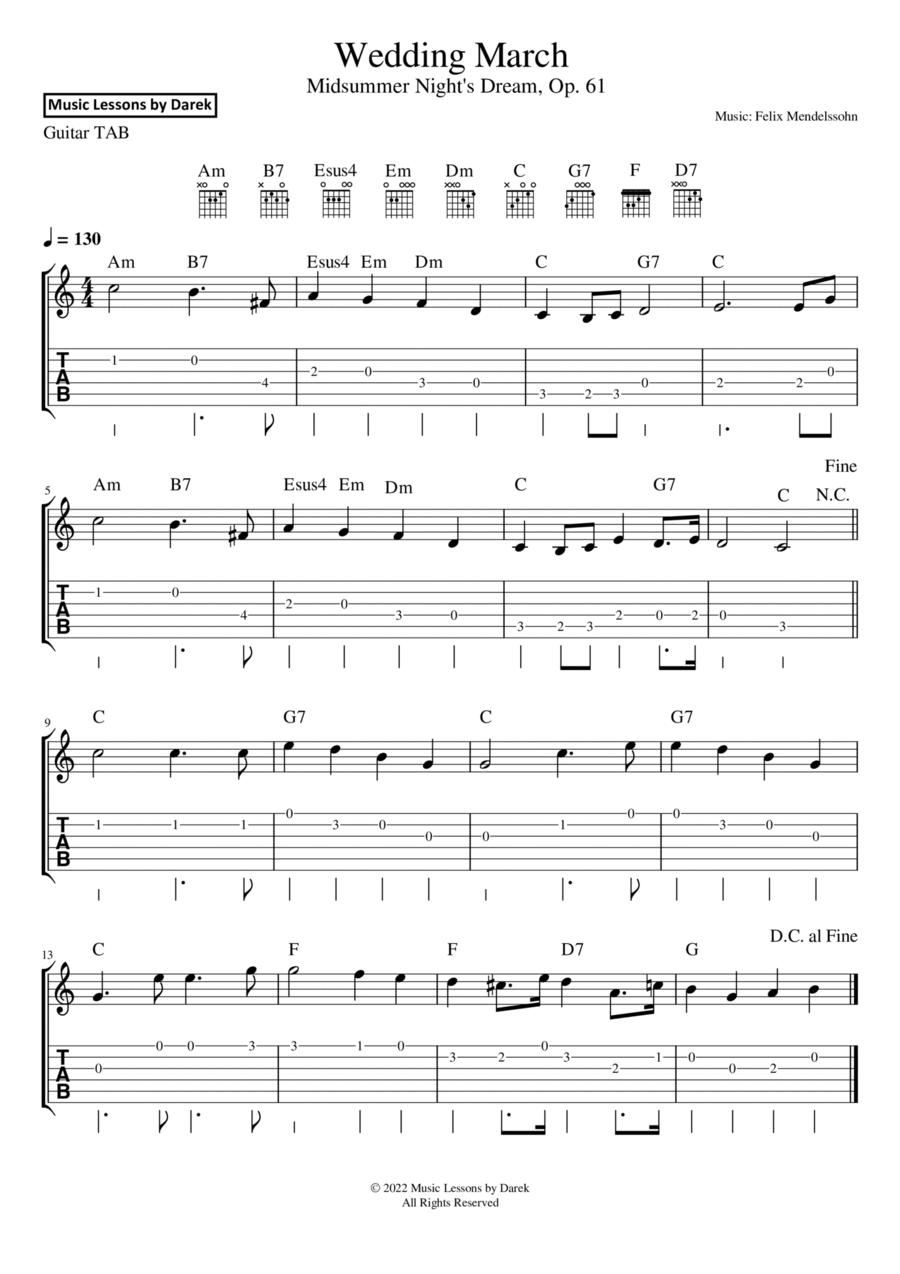Wedding March (GUITAR TAB) Midsummer Night's Dream, Op. 61 [Felix Mendelssohn] Acoustic Guitar scores gallery preview page 1