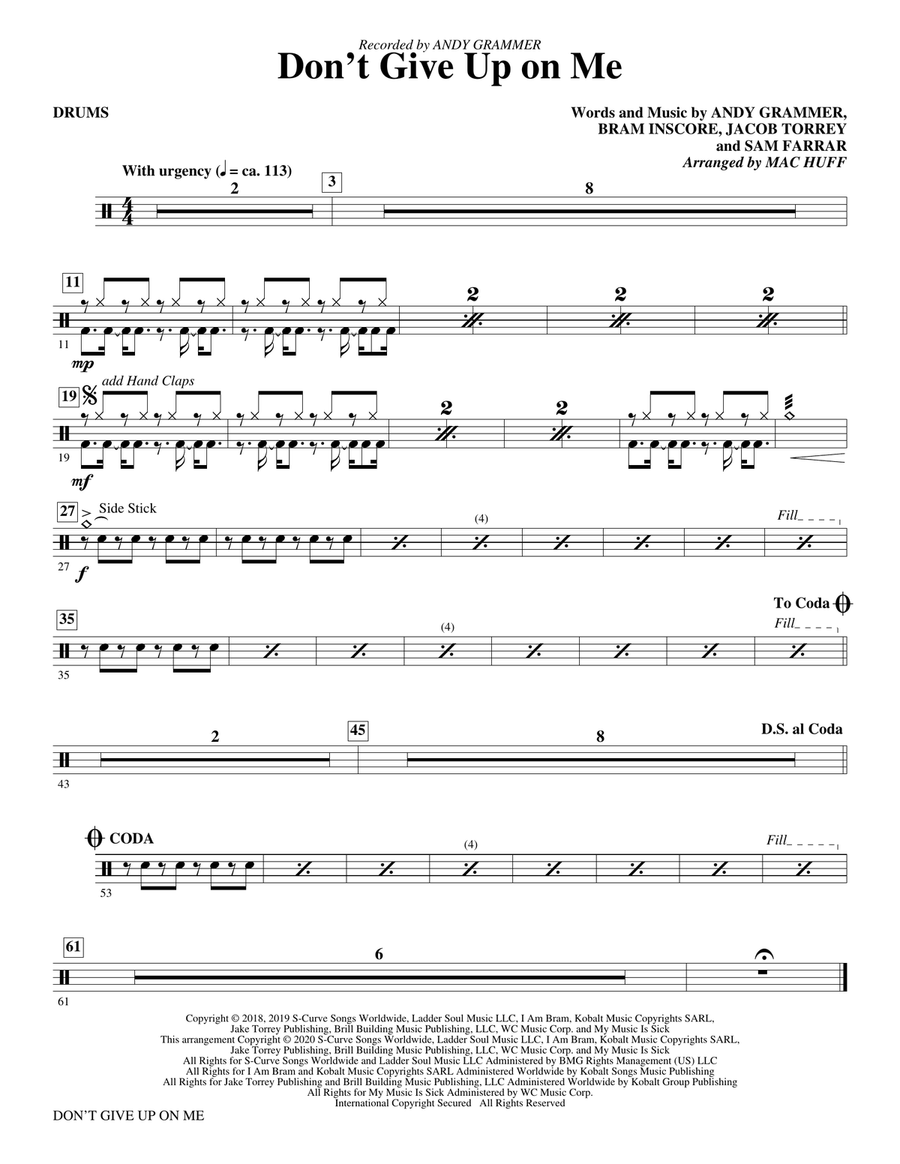 Don't Give Up On Me (arr. Mac Huff) - Drums
