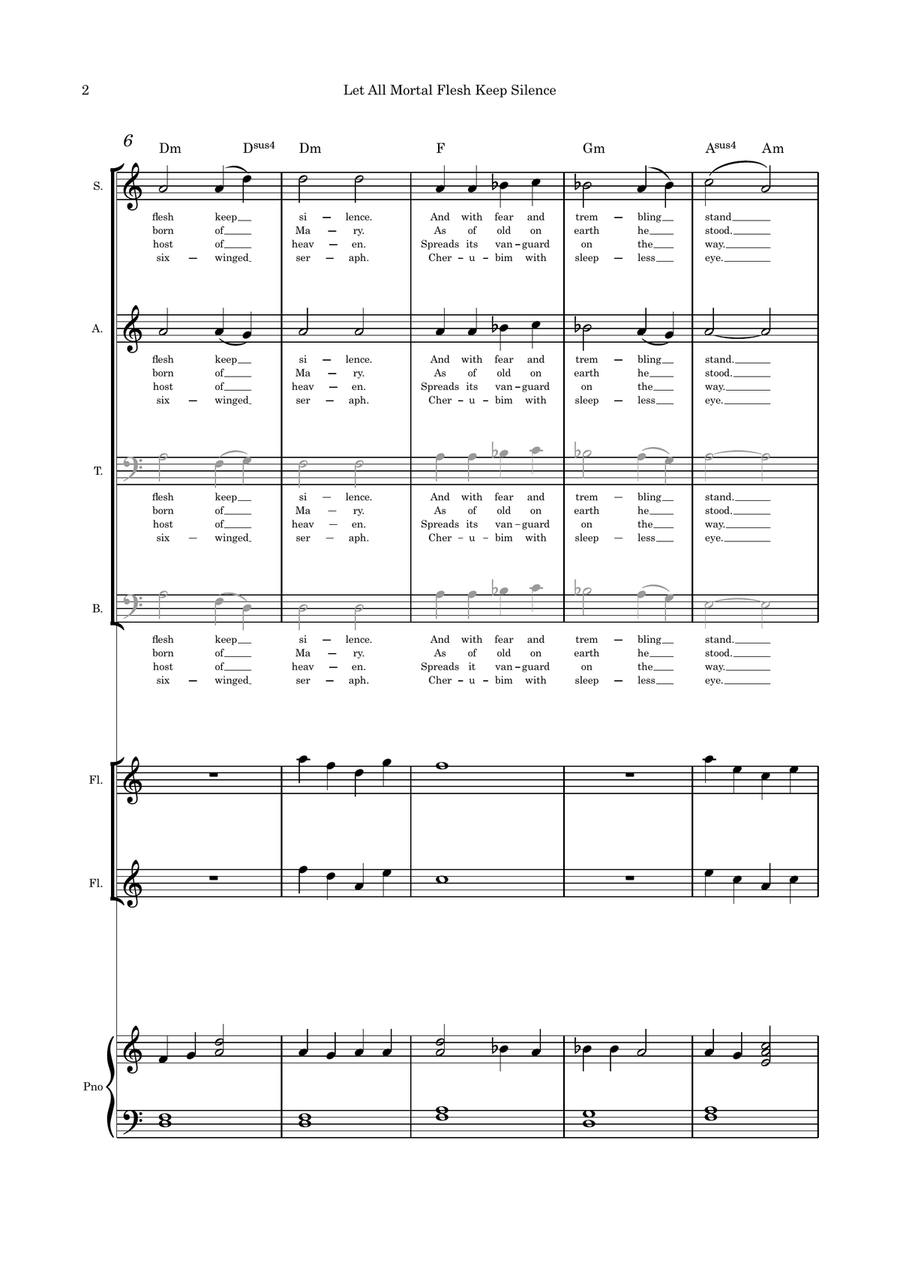 Let All Mortal Flesh Keep Silence SATB flute duet and Piano 4-Part scores gallery preview page 2