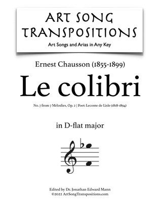 Book cover for CHAUSSON: Le colibri, Op. 2 no. 7 (transposed to D-flat major)