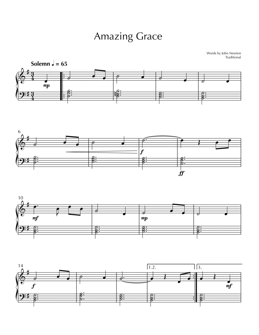 Amazing Grace - Easy Piano in G Major Easy Piano scores gallery preview page 1