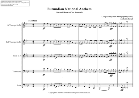 Burundian National Anthem Burundi Bwacu (Our Burundi) for Brass Quintet (MFAO World National Anthem image number null