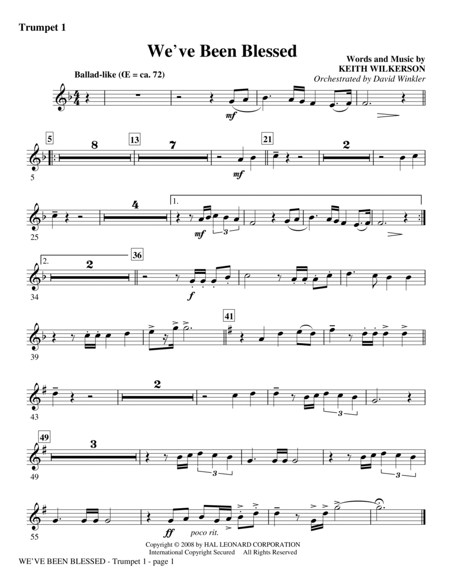 We've Been Blessed - Trumpet 1 Choir scores gallery preview page 1