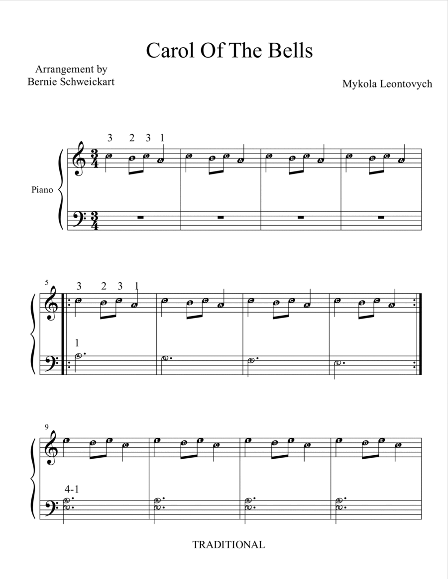 Carol Of The Bells (BIG NOTE VERSION WITH FINGERING) Easy Piano scores gallery preview page 1
