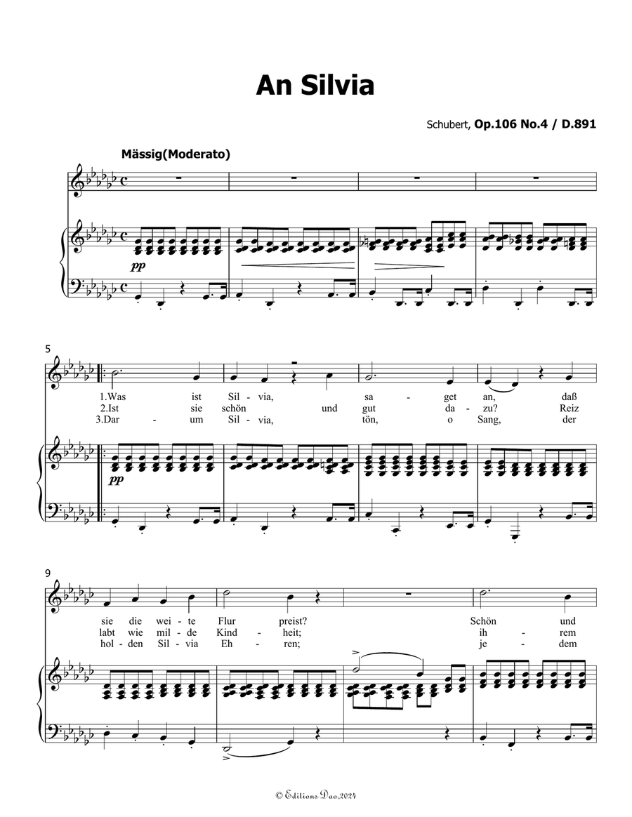 An Silvia, by Schubert, D.891, in G flat Major Voice scores gallery preview page 3