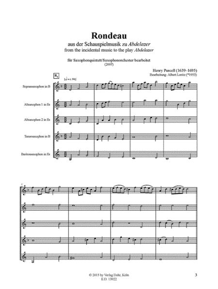 Rondeau aus Abdelazer (für Saxophonquintett/Saxophonorchester)