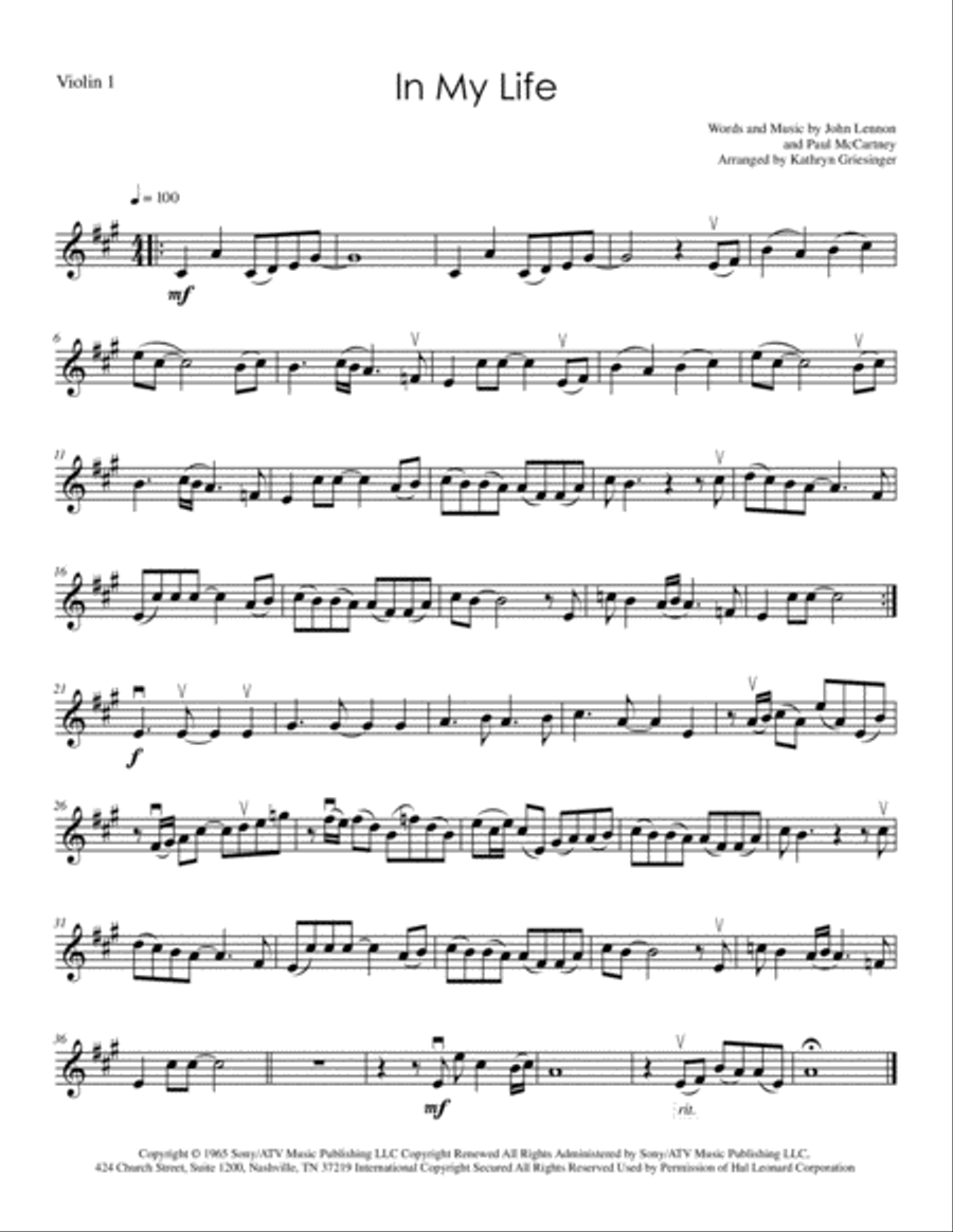 In My Life String Quartet scores gallery preview page 1