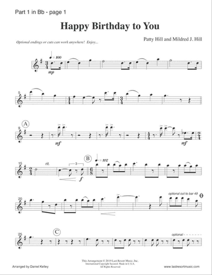Happy Birthday to You for Wind Quartet (Mixed Quartet, Double Reed Quartet, or Clarinet Quartet) Mus Clarinet Quartet scores gallery preview page 2