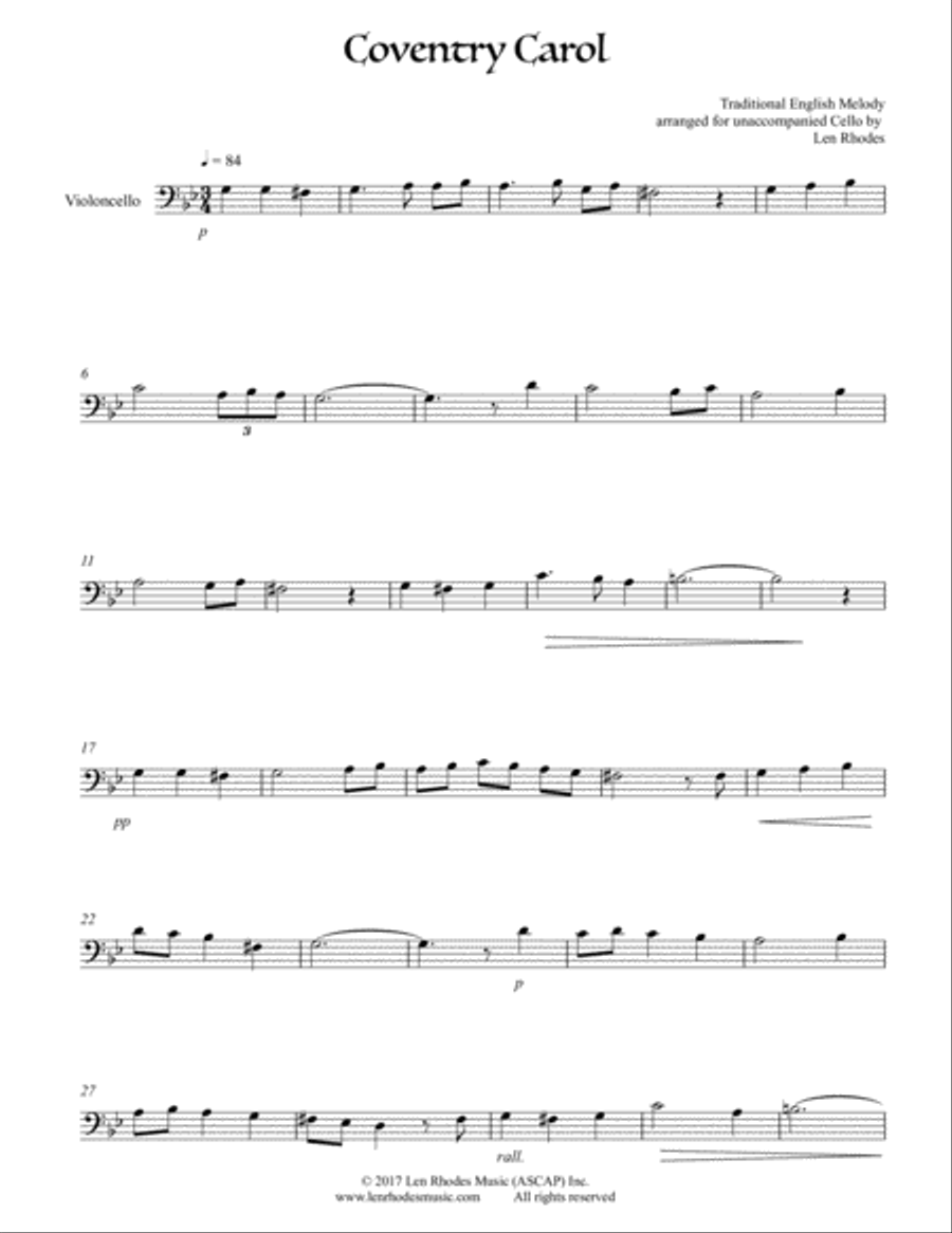 The Coventry Carol, for unaccompanied Cello Cello Solo scores gallery preview page 1