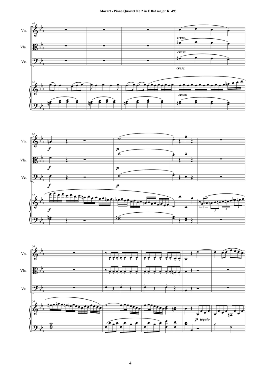 Mozart - Piano Quartet No.2 in E flat K 493 for Violin,Viola, Cello and Piano - Score and Parts Piano Quartet scores gallery preview page 4