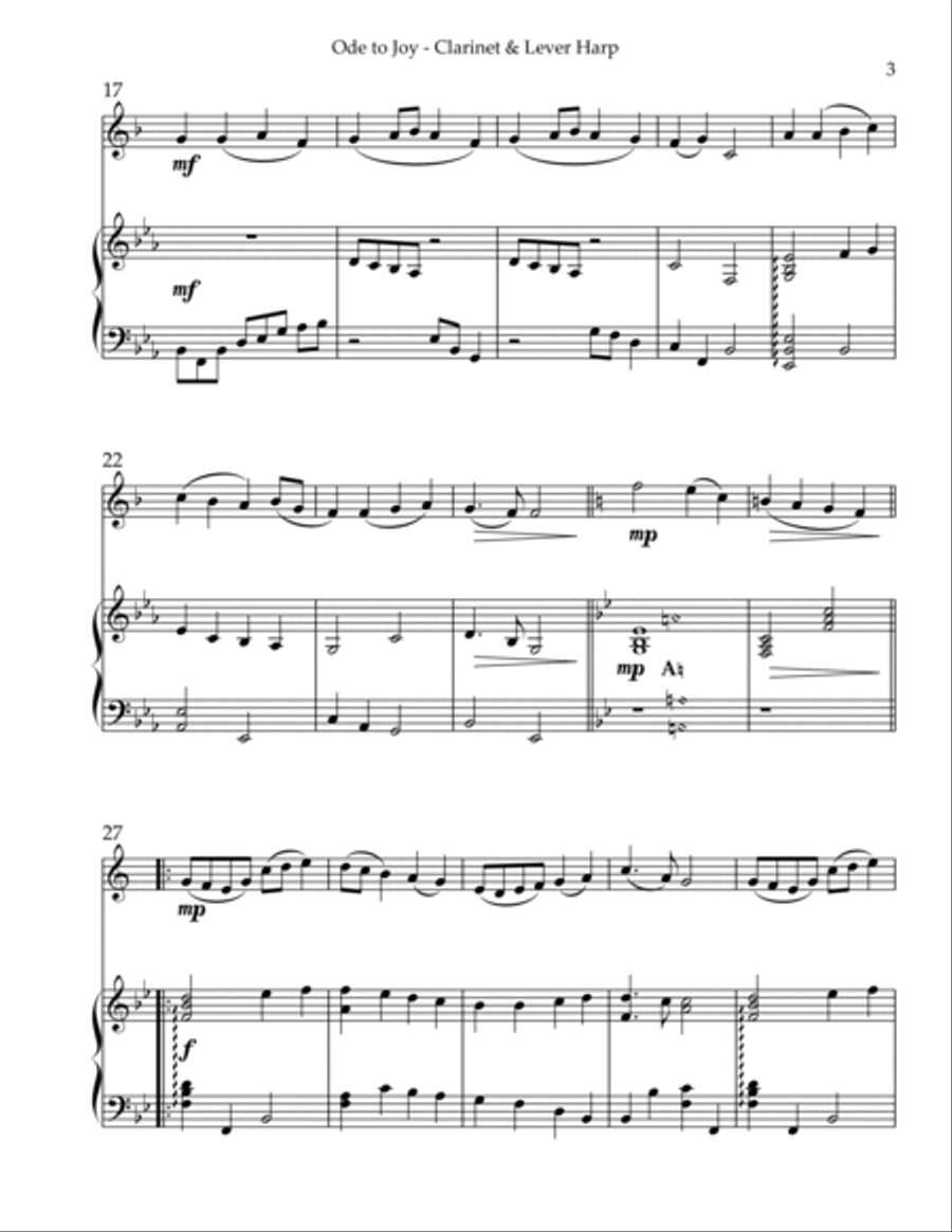 Ode to Joy, Duet for Bb Clarinet & Lever Harp B-Flat Clarinet scores gallery preview page 3