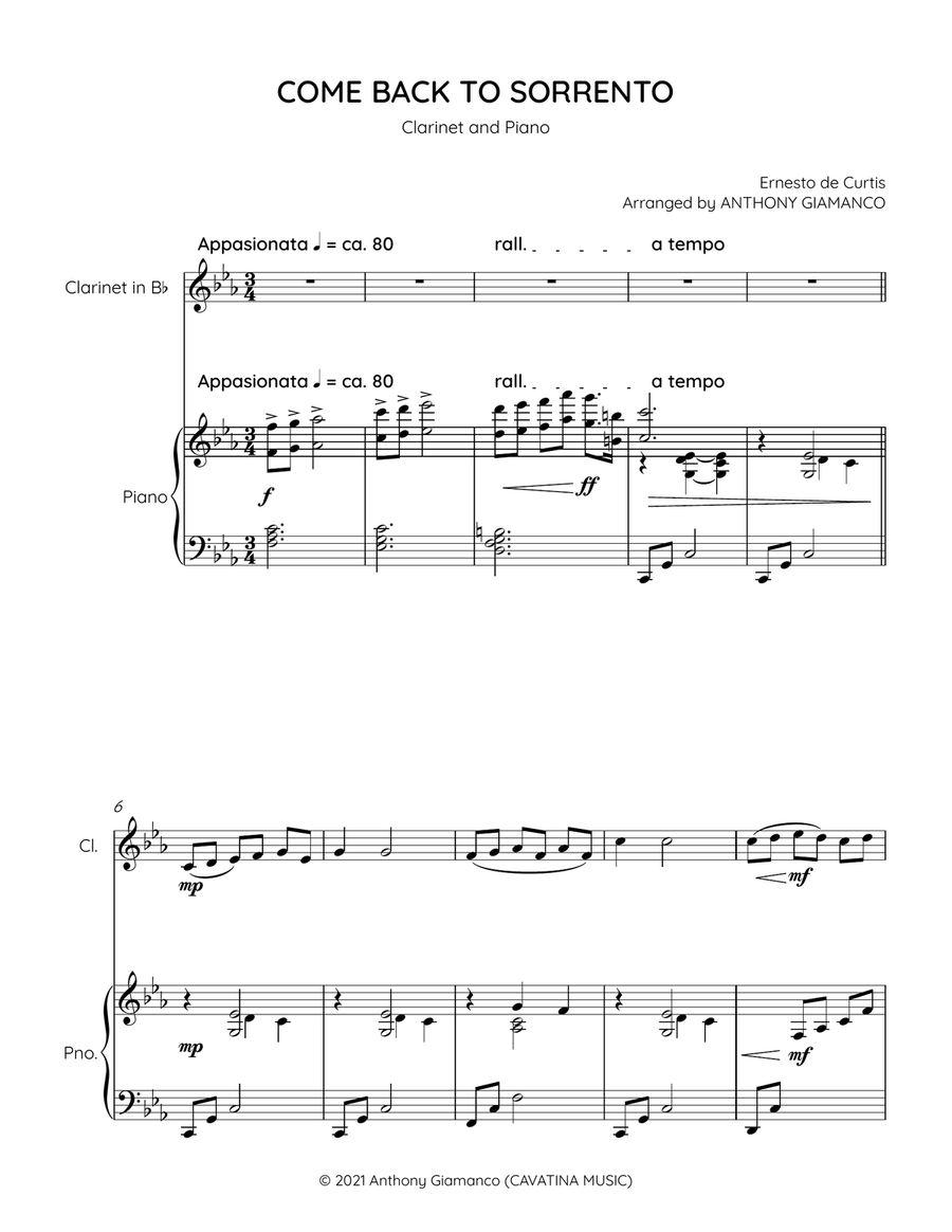 COME BACK TO SORRENTO - clarinet and piano Clarinet Solo scores gallery preview page 2