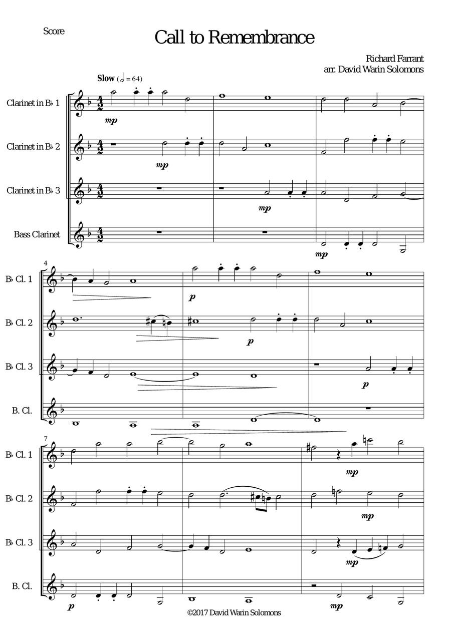 Call to remembrance for clarinet quartet (3 B flat clarinets and 1 bass or 4 B flat clarinets) Clarinet Quartet scores gallery preview page 1