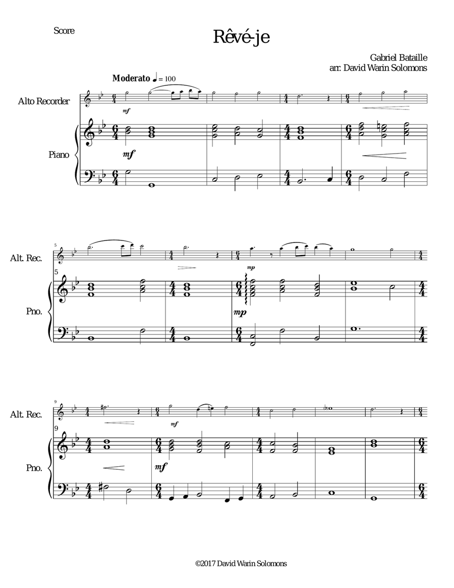 Rêvé-je (Am I dreaming) for alto recorder and piano Alto Recorder scores gallery preview page 1