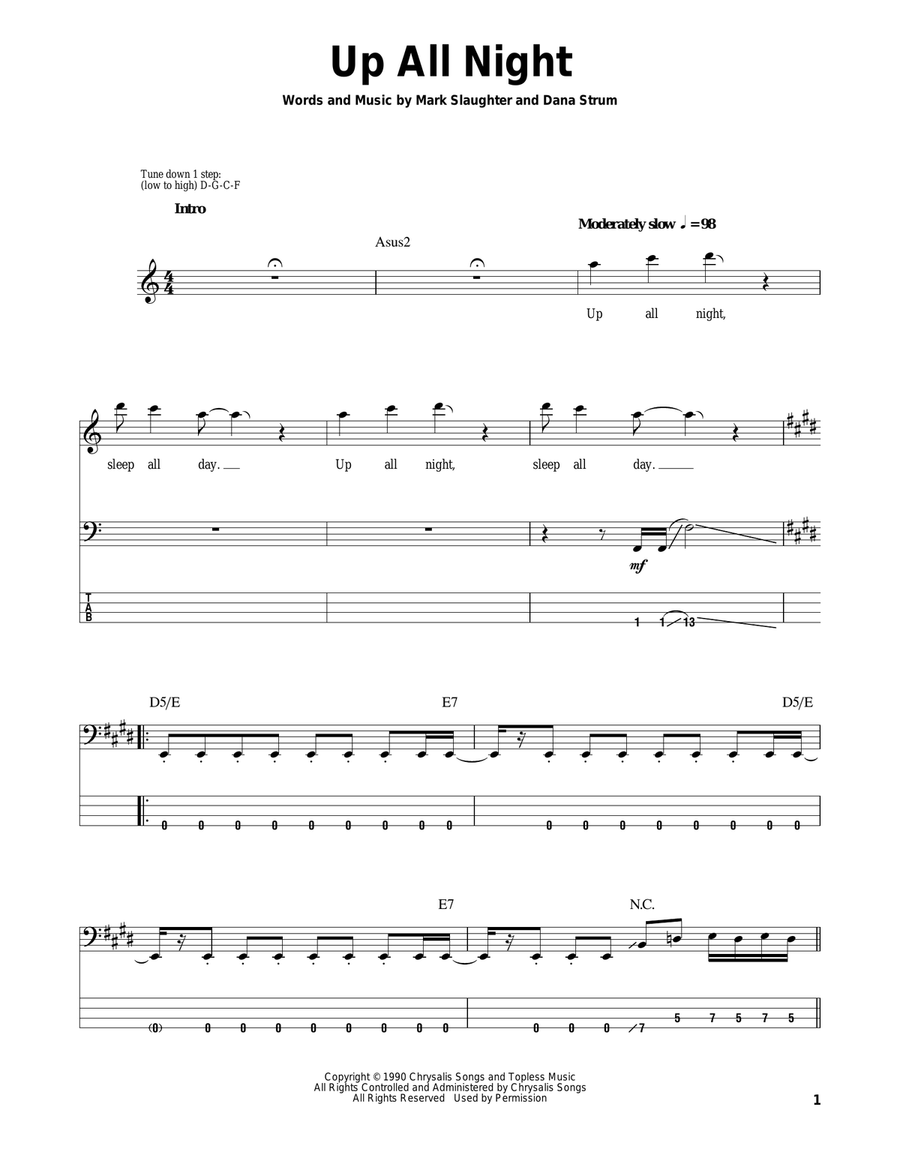 Up All Night Up All Night Bass Guitar Tablature scores gallery preview page 1