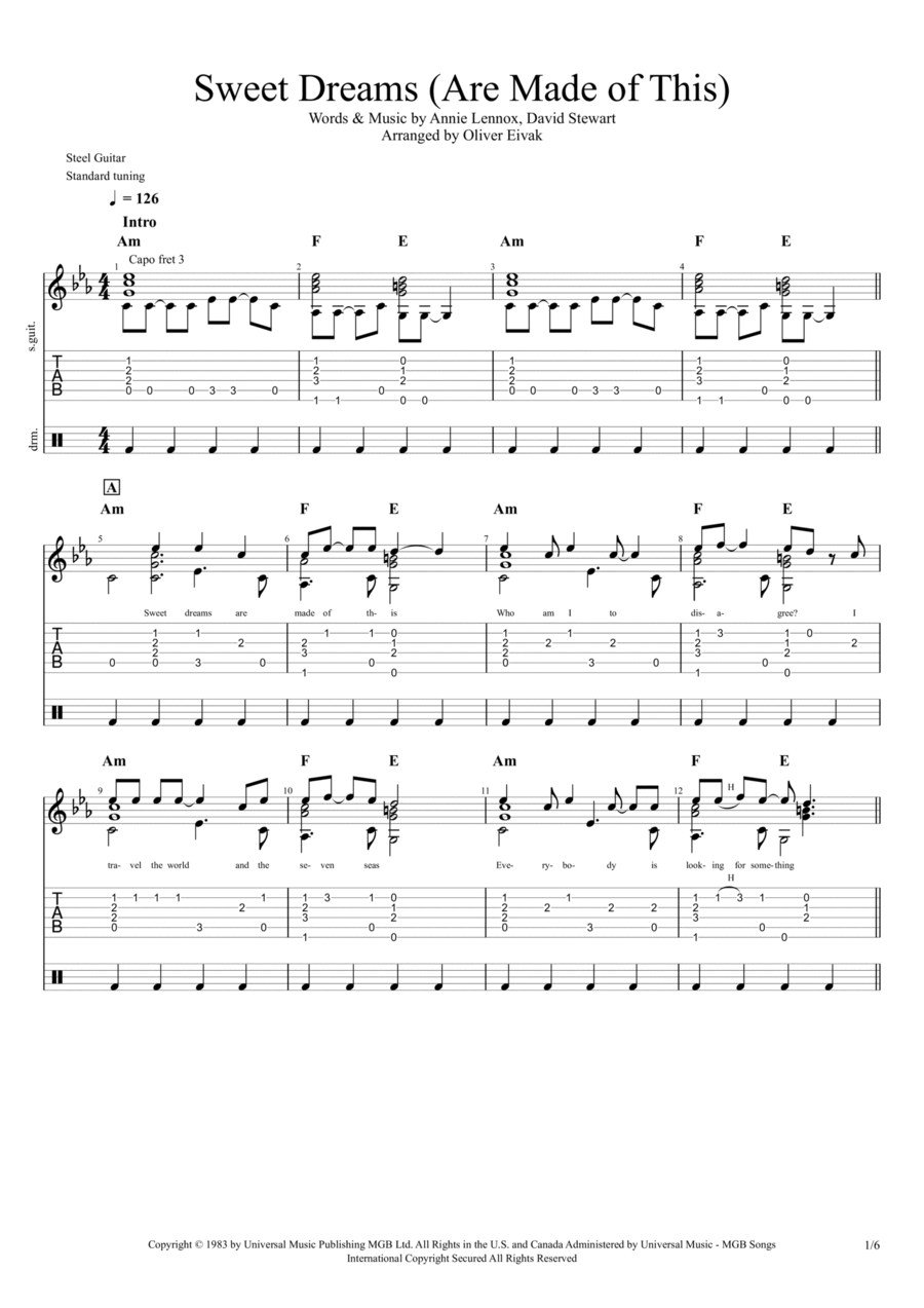 Sweet Dreams (are Made Of This) Guitar Tablature scores gallery preview page 1